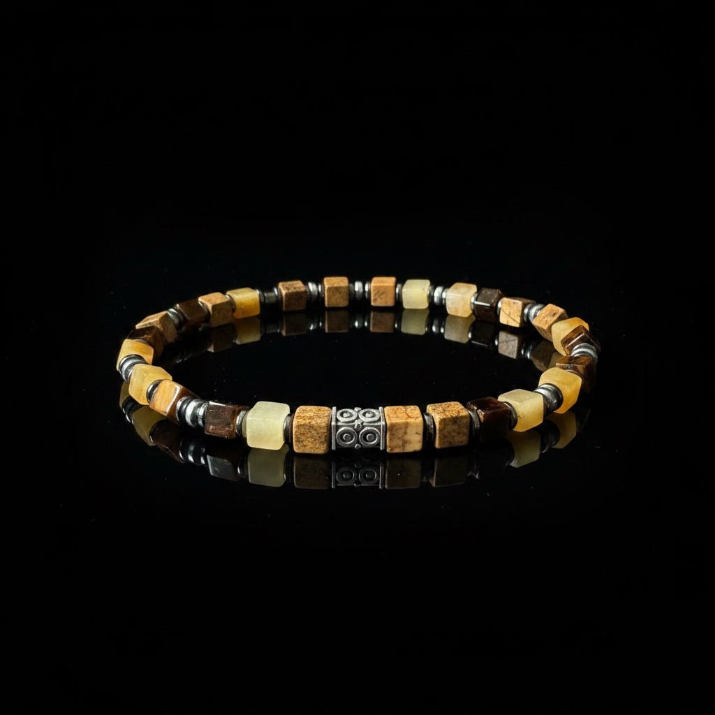 Luxe Kubus Natuursteen Armband - Sand Jasper & Wood Look - Kahkeshan