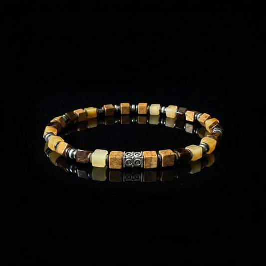 Luxe Kubus Natuursteen Armband - Sand Jasper & Wood Look - Kahkeshan