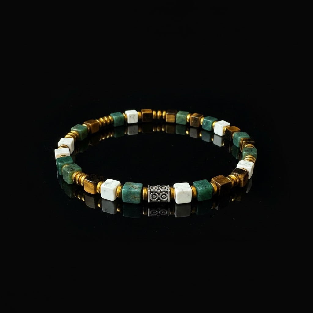 Luxe Mozaïek Natuursteen Armband - Jade Groen, Goud & Hoeveniet Wit - Kahkeshan