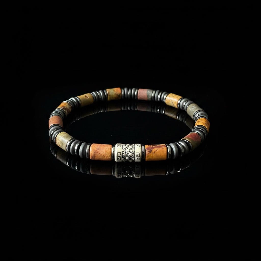 Luxe Terracotta & Sandstone Armband - Industrial Silver Accent - Kahkeshan