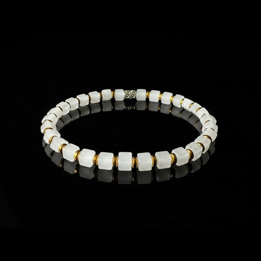 Luxe Kubus Natuursteen Armband - Jade Wit & Goud Accent - Kahkeshan