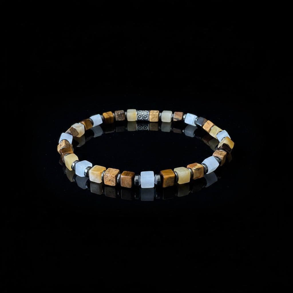 Luxe Kubus Natuursteen Armband - Sand Jaspis, Wood Look & Kwarts Wit - Kahkeshan