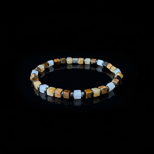 Luxe Kubus Natuursteen Armband - Sand Jaspis, Wood Look & Kwarts Wit - Kahkeshan
