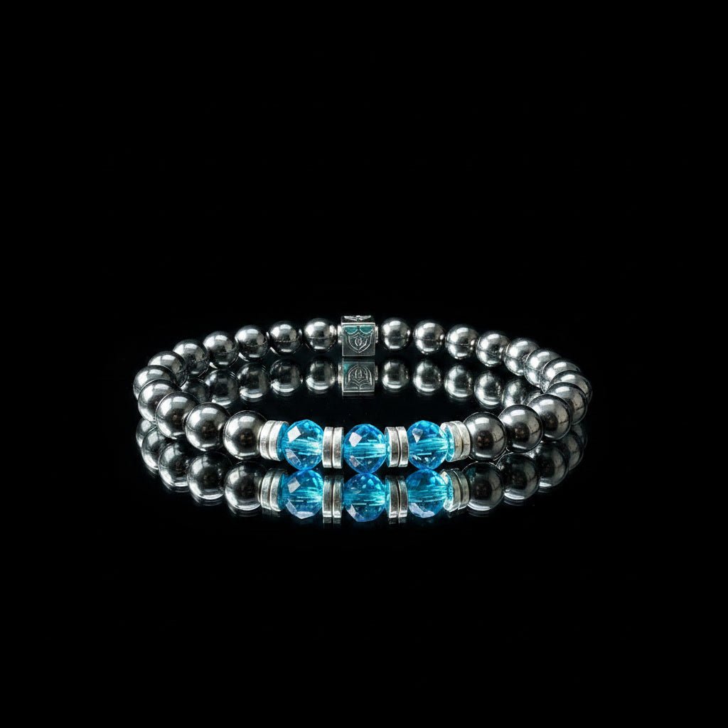 Luxe Hematiet & Aqua Kristal Armband - Shield Edition Cyber Blue - Kahkeshan